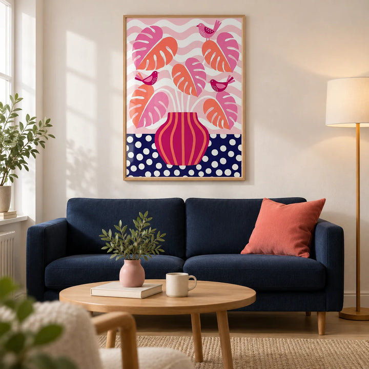 Tropical Plant Wall Art, framed on the wall of a contemporary living room in a UK first flat with warm white walls and pale oak flooring