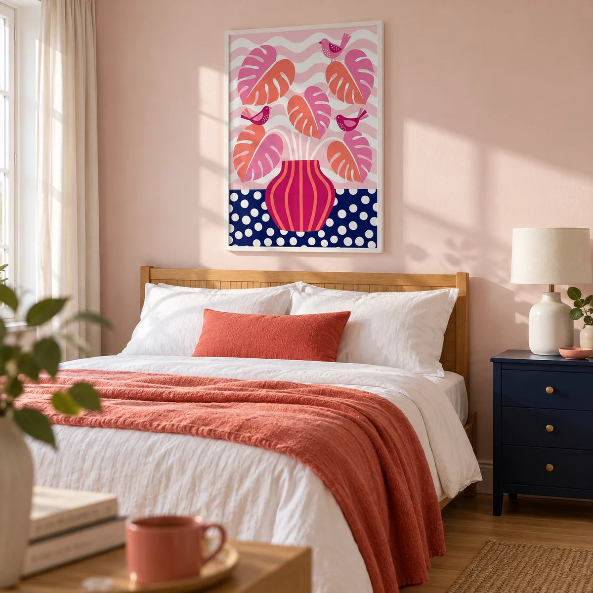 Tropical Plant Wall Art, framed on the wall of a modern bedroom in a UK terraced home with a pale blush wall and light oak flooring