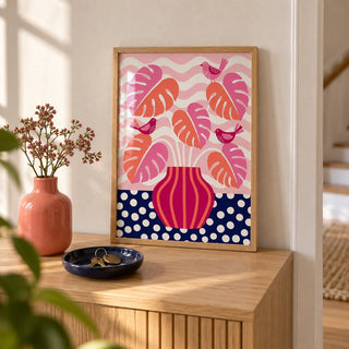 Tropical Plant Wall Art, a small A4 framed print leaning on a pale oak hallway side table