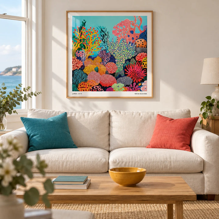 Tropical Sea Wall Art, framed on the wall of a bright modern living room in a UK seaside flat with warm white walls