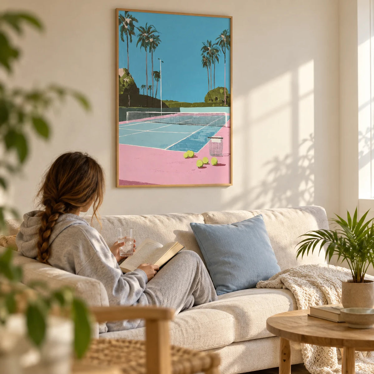 Tropical Tennis Wall Art, framed on the wall of a bright first-flat living room (22-28)
