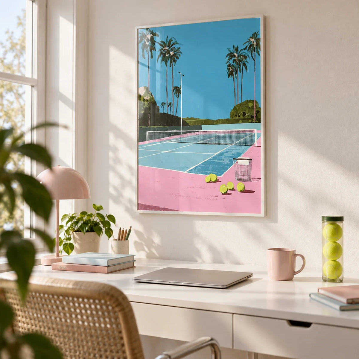 Tropical Tennis Wall Art, framed on the wall of a bright home office