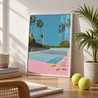 Tropical Tennis Wall Art, a small A4 framed print leaning on a desk