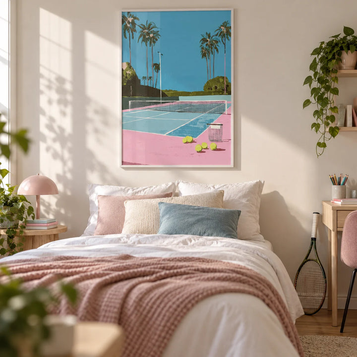 Tropical Tennis Wall Art, framed on the wall of a teenager's bedroom (13-17)