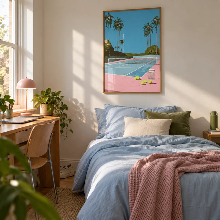 Tropical Tennis Wall Art, framed on the wall of a styled uni room (18-21) in a bedroom