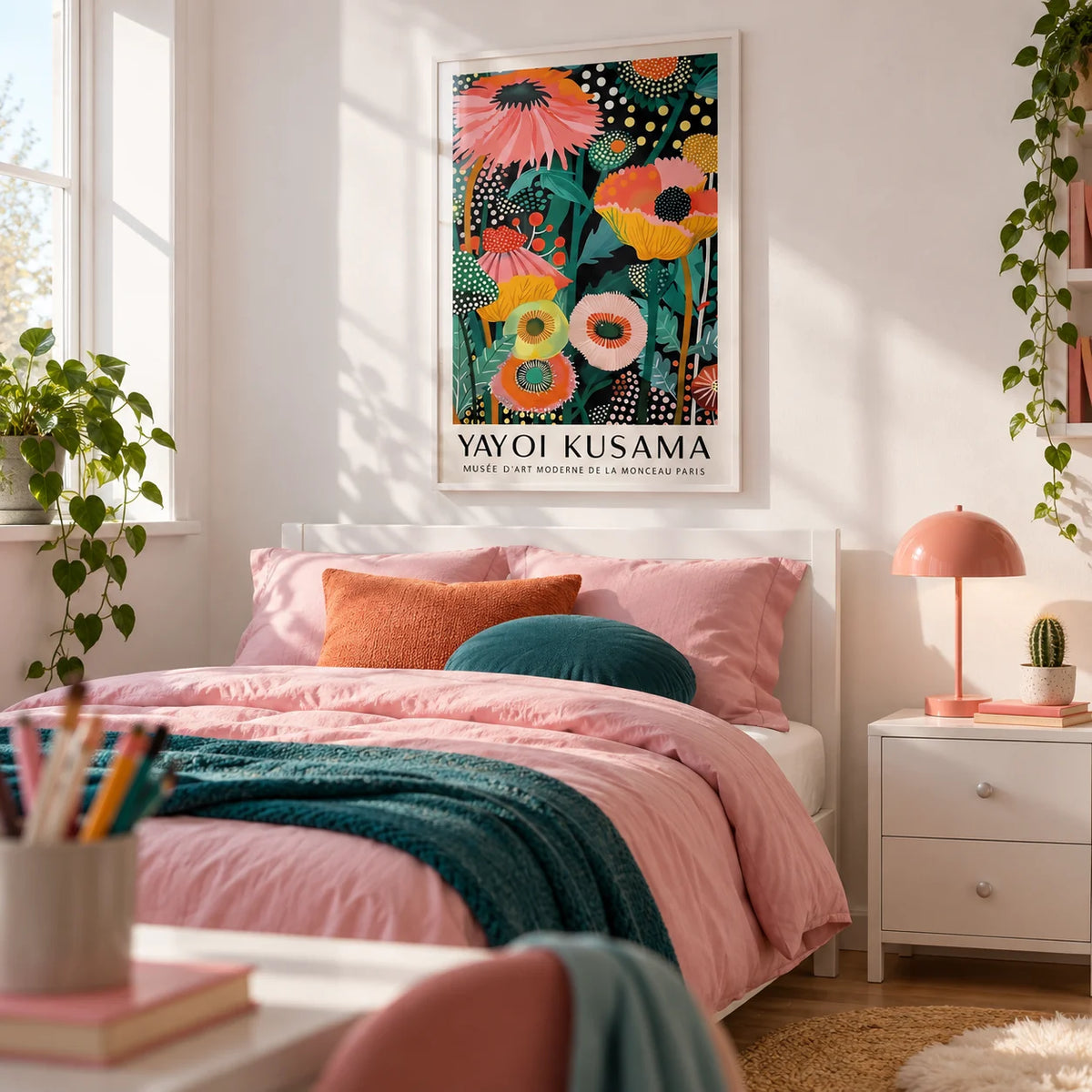 Tropical Wall Art, framed on the wall of a bright teen girl's bedroom (13-17) with a white wall
