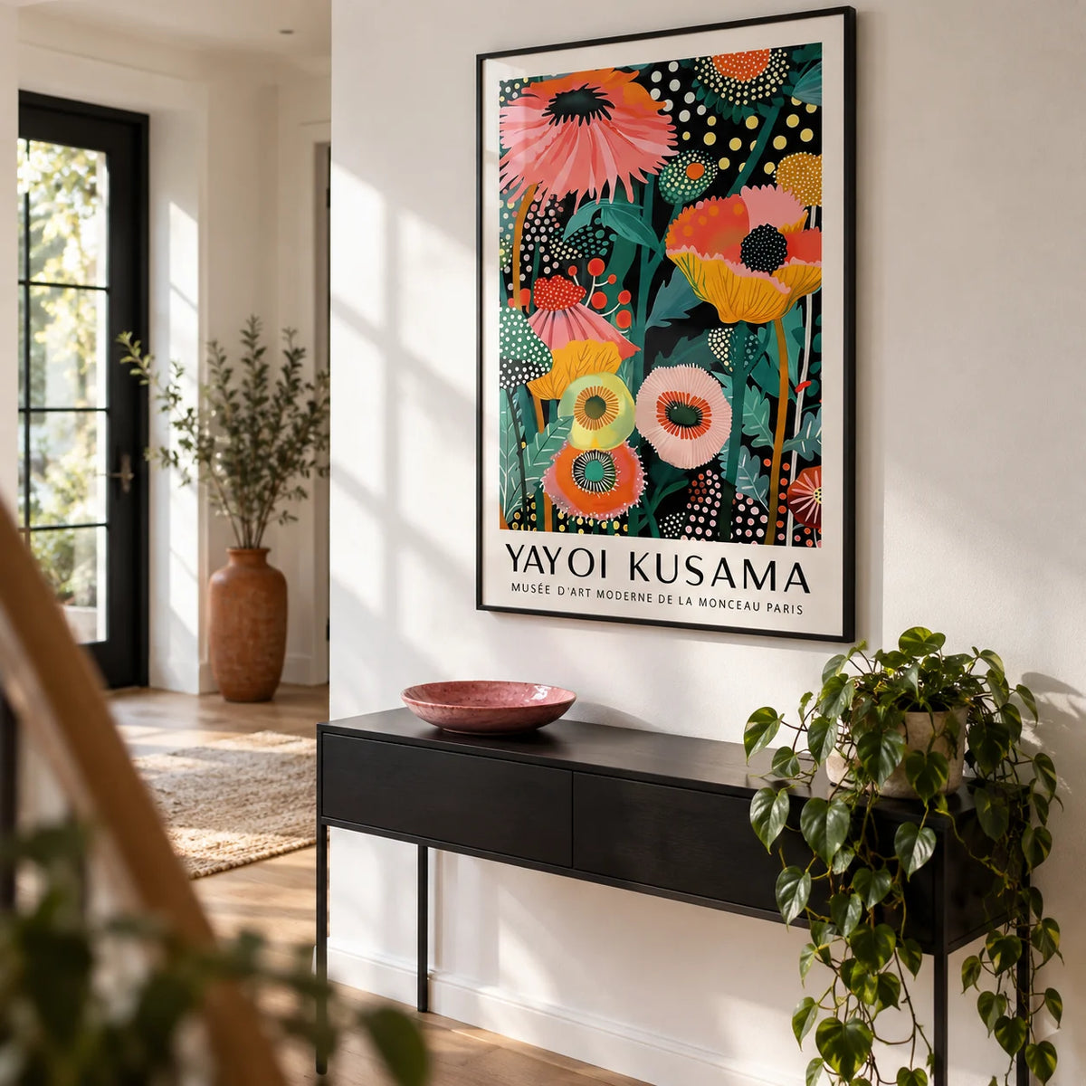 Tropical Wall Art, framed on the wall of a modern hallway with a white wall