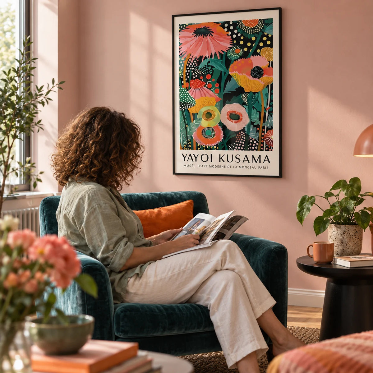 Tropical Wall Art, framed on the wall of a reading corner in a city flat with a soft pink wall in a living room