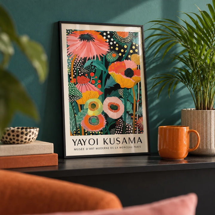 Tropical Wall Art, a small A4 framed print leaning on a black shelf in a living room