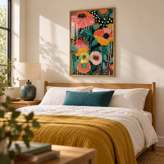 Tropical Wall Picture, framed on the wall of a bedroom with a warm white wall