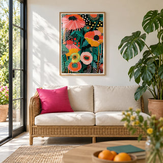 Tropical Wall Picture, framed on the wall of a bright garden room with plain white walls and glass doors to a garden in a living room