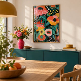 Tropical Wall Picture, framed on the wall of a dining room with a warm white wall