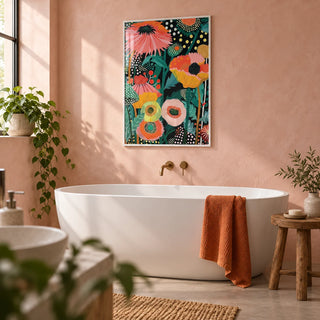 Tropical Wall Picture, framed on the wall of a modern bathroom with a soft pink limewashed wall