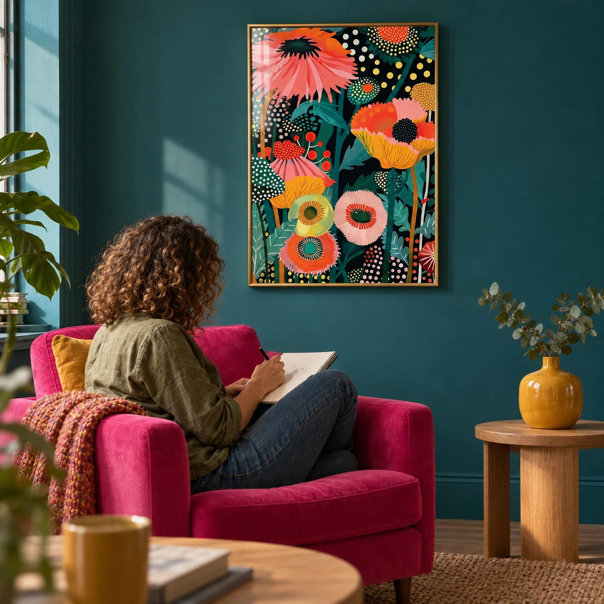 Tropical Wall Picture, framed on the wall of a modern living room with a deep teal painted wall