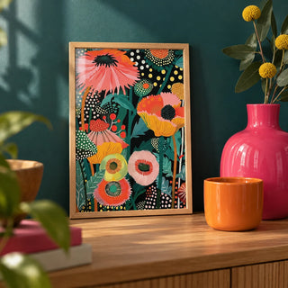 Tropical Wall Picture, a small A4 framed print leaning on an oak shelf in a living room