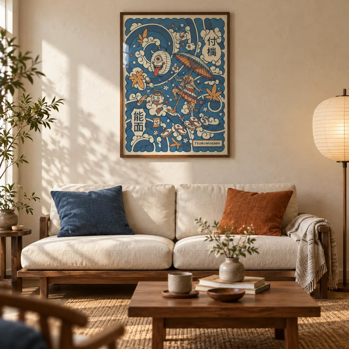 Tsukumogami Art, framed on the wall of a characterful Japanese-inspired living room in a UK city flat with a warm cream plaster wall and oak floor