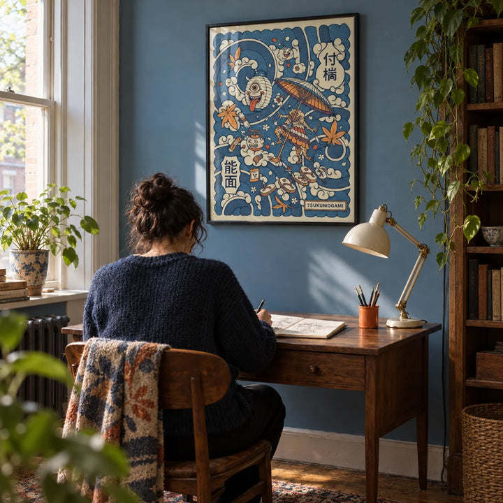 Tsukumogami Art, framed on the wall of a compact illustrator's study in a Victorian terrace with a muted blue wall and warm wooden floor