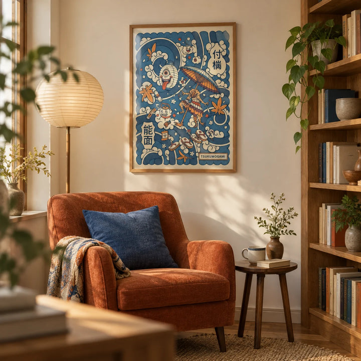 Tsukumogami Art, framed on the wall of a quiet home library corner with a warm cream wall and low oak bookcases along the adjacent wall in a living room