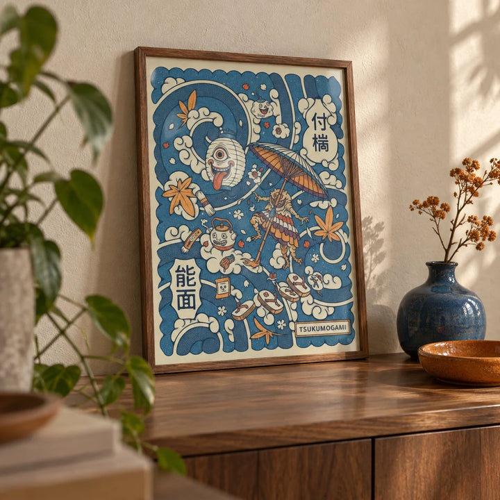 Tsukumogami Art, a small A4 framed print leaning on a walnut side table in a hallway