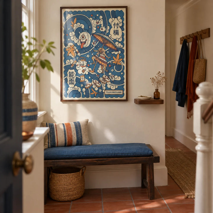 Tsukumogami Art, framed on the wall of a welcoming narrow hallway in a renovated UK terrace with cream walls and plain terracotta floor tiles