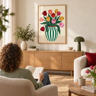 Tulip Art Print, framed on the wall of a bright living room with a warm cream wall
