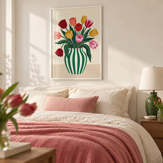Tulip Art Print, framed on the wall of a calm bedroom with a warm white wall