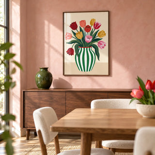 Tulip Art Print, framed on the wall of a cheerful dining room with a soft pink limewashed wall