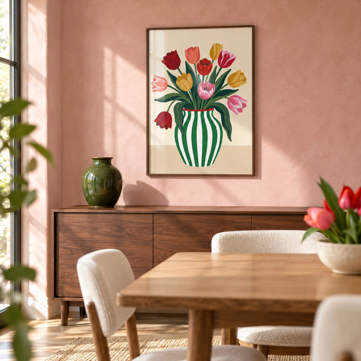 Tulip Art Print, framed on the wall of a cheerful dining room with a soft pink limewashed wall
