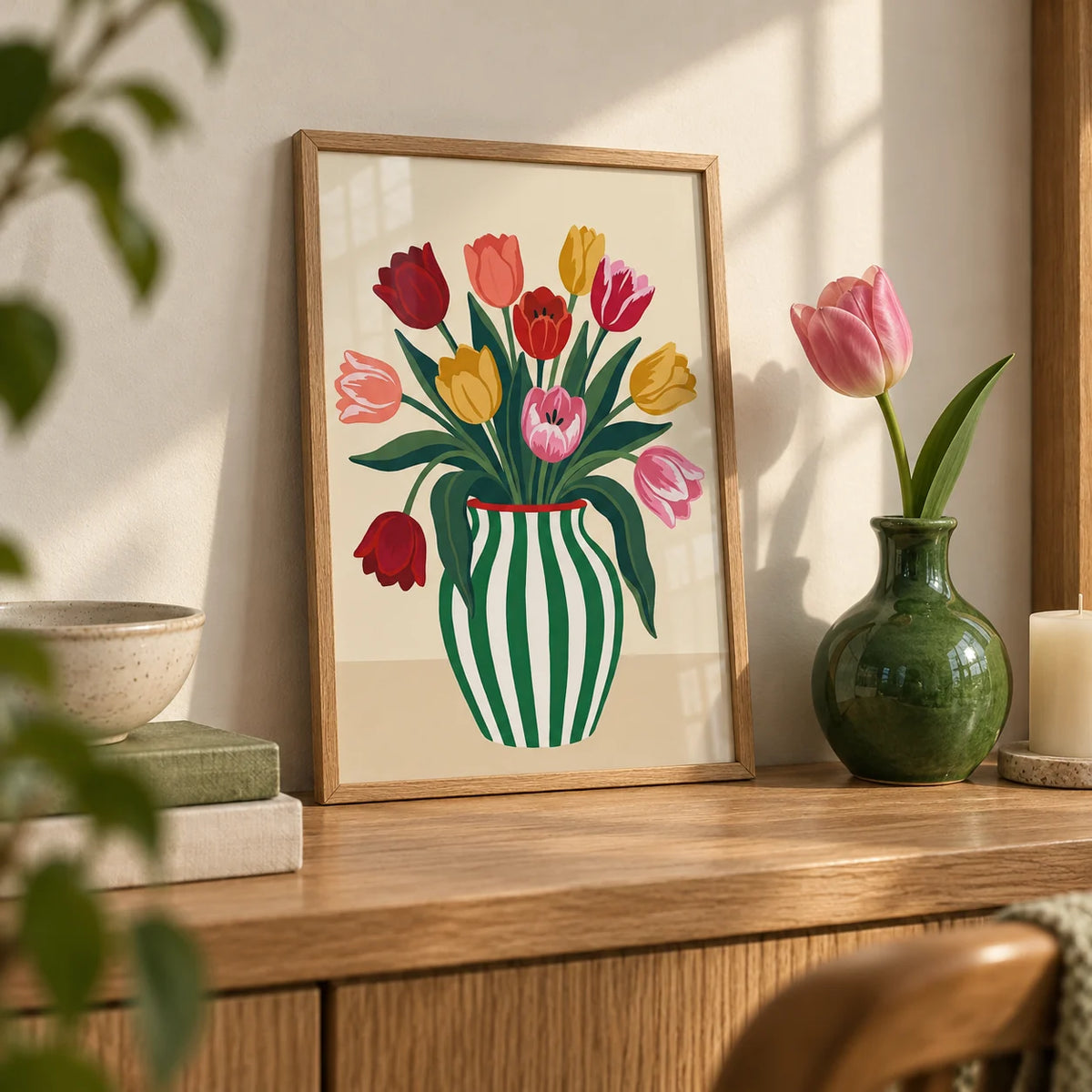 Tulip Art Print, a small A4 framed print leaning on an oak shelf in a living room