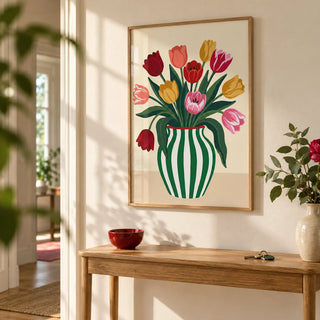 Tulip Art Print, framed on the wall of a sunny hallway with a cream wall