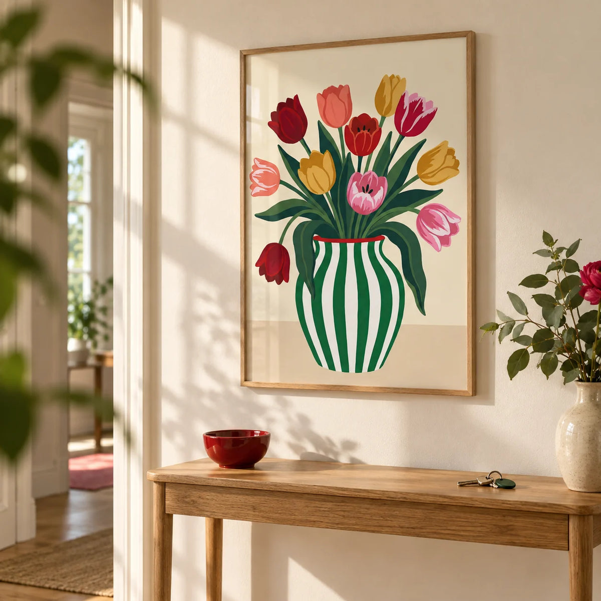 Tulip Art Print, framed on the wall of a sunny hallway with a cream wall