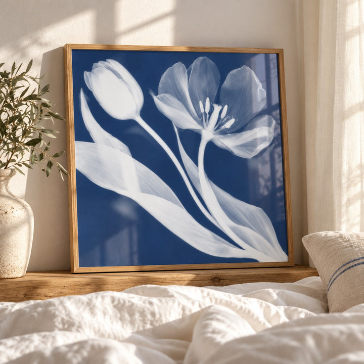 Tulip Cyanotype Print styled leaning by a bed (frame not included)