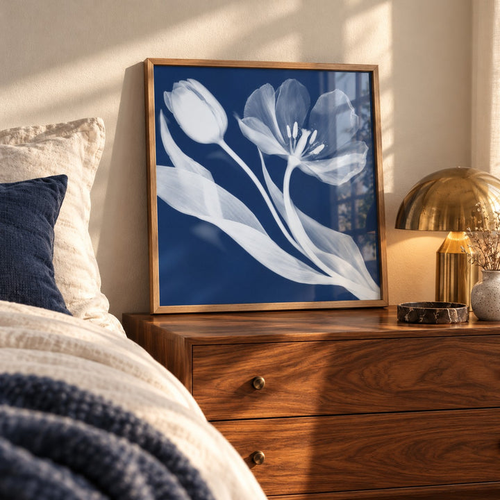 Tulip Cyanotype Print styled on a bedside chest (frame not included)