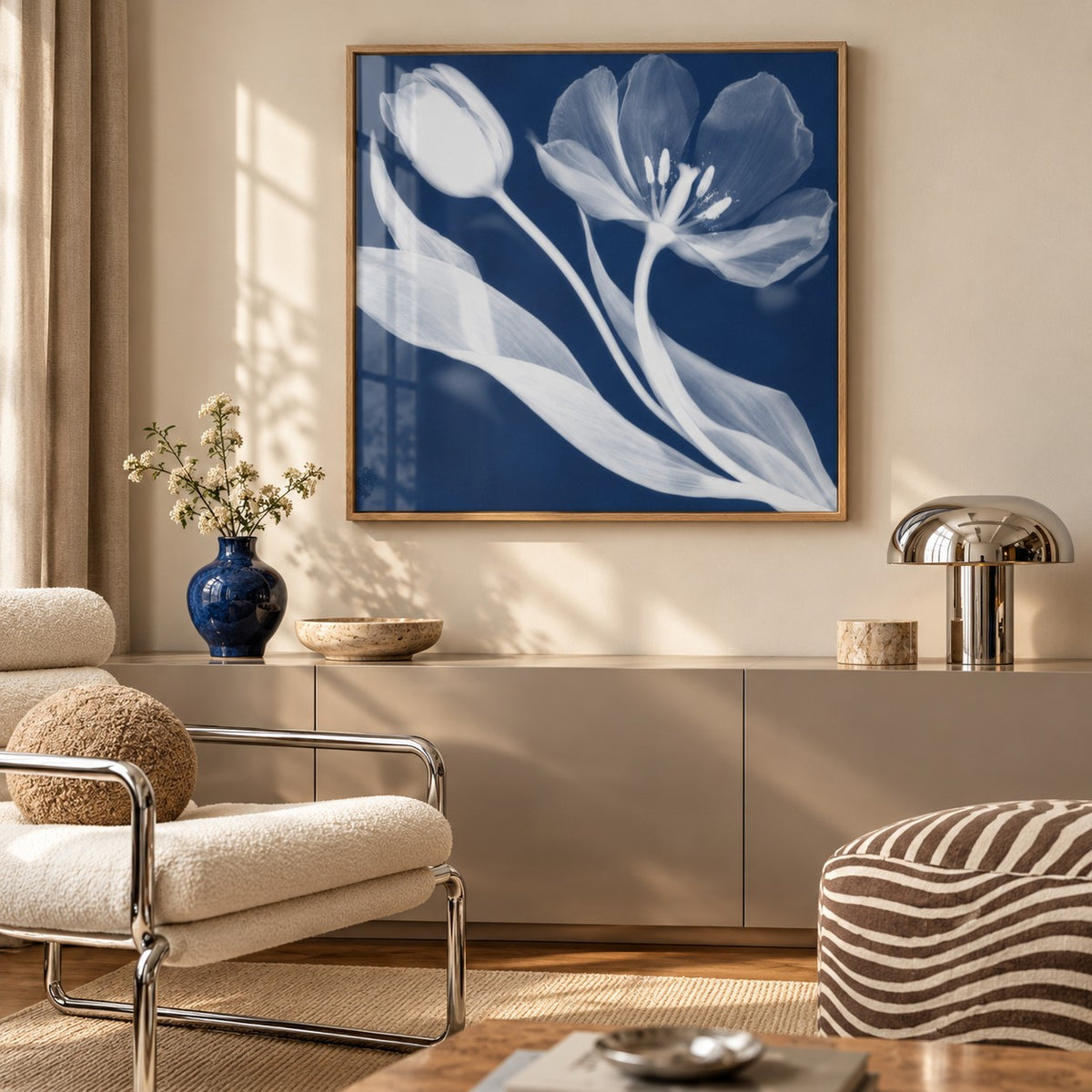 Tulip Cyanotype Print styled above a sideboard (frame not included)