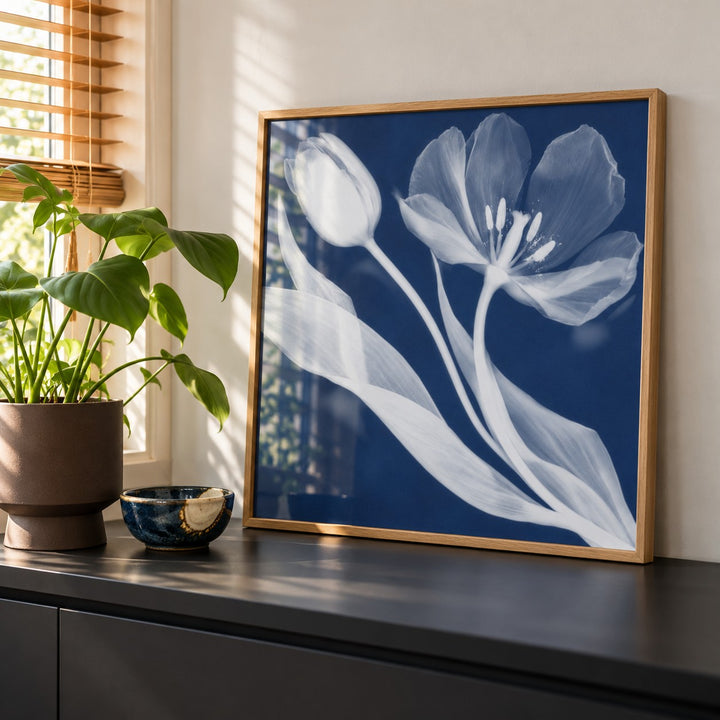 Tulip Cyanotype Print styled on a black sideboard (frame not included)
