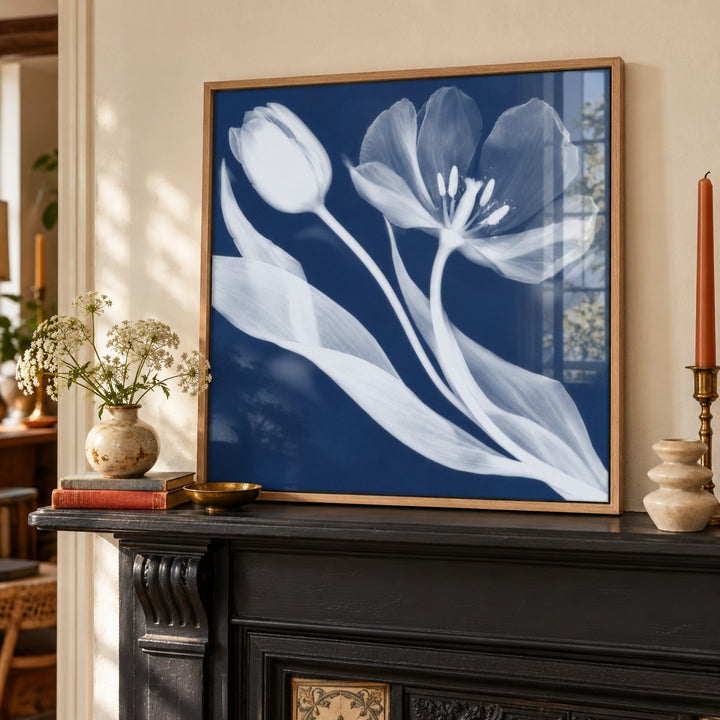 Tulip Cyanotype Print styled on a mantelpiece (frame not included)