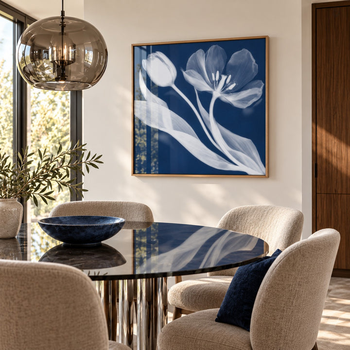 Tulip Cyanotype Print styled in a dining room (frame not included)
