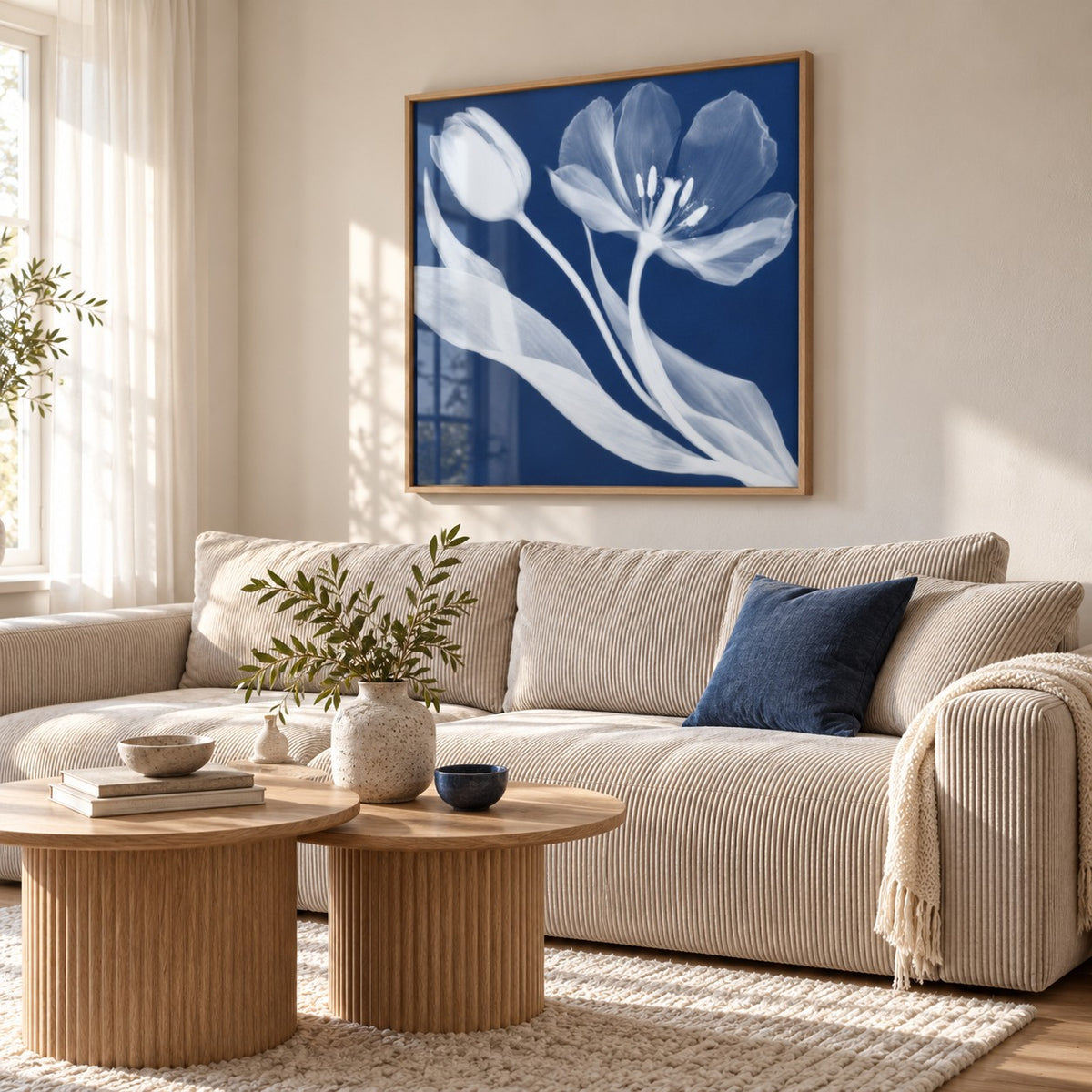 Tulip Cyanotype Print styled above a living room sofa (frame not included)