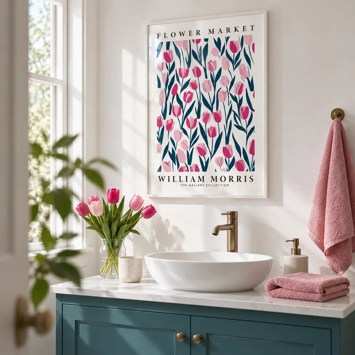 Tulip Decor, framed on the wall of a calm bathroom with plain white walls and a plain teal painted vanity
