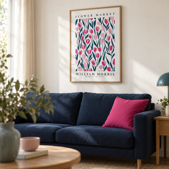 Tulip Decor, framed on the wall of a calm living room with a warm white wall
