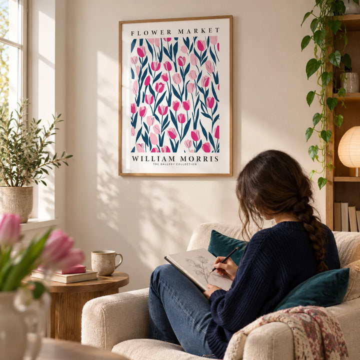 Tulip Decor, framed on the wall of a calm reading corner with a warm white wall in a living room