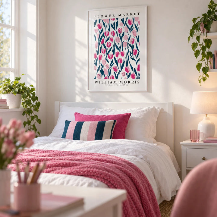 Tulip Decor, framed on the wall of a fresh single bedroom for a teen girl (13-17) with a soft white wall