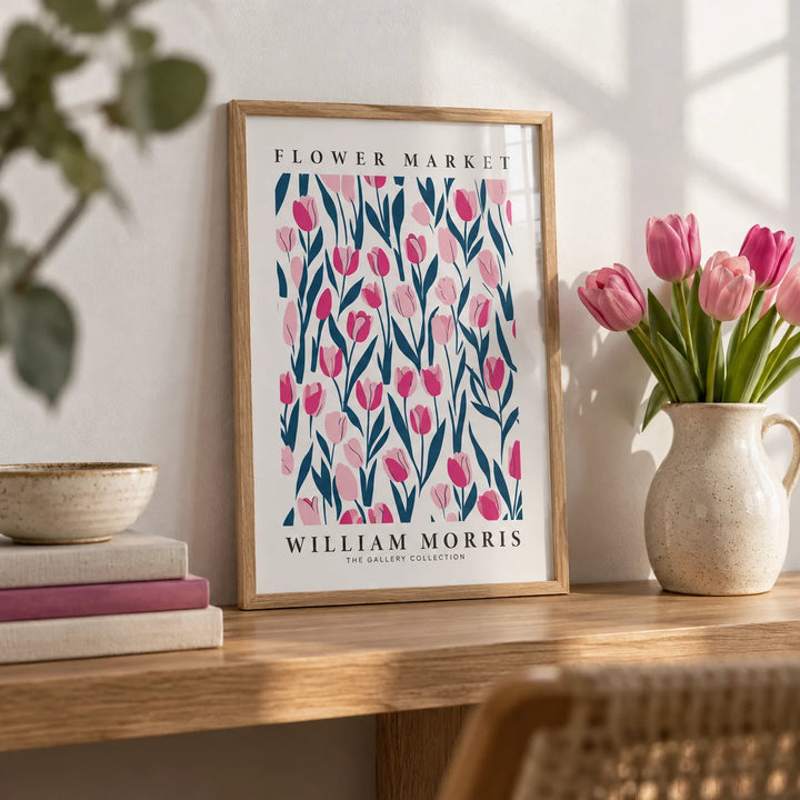 Tulip Decor, a small A4 framed print leaning on an oak shelf in a living room
