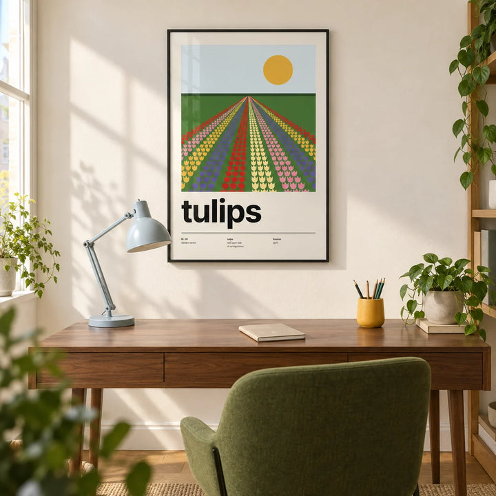 Tulip Field Print, framed on the wall of a bright home office in a modern UK flat with a warm white wall and an oak floor
