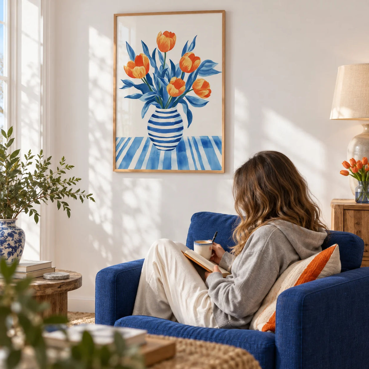 Tulip Wall Art, framed on the wall of a bright living room with a white wall
