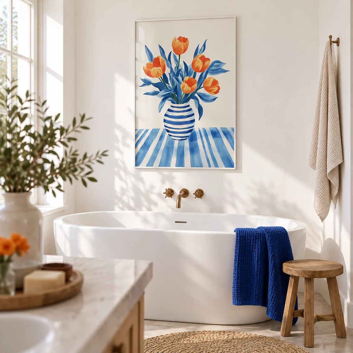 Tulip Wall Art, framed on the wall of a calm bathroom with plain white walls