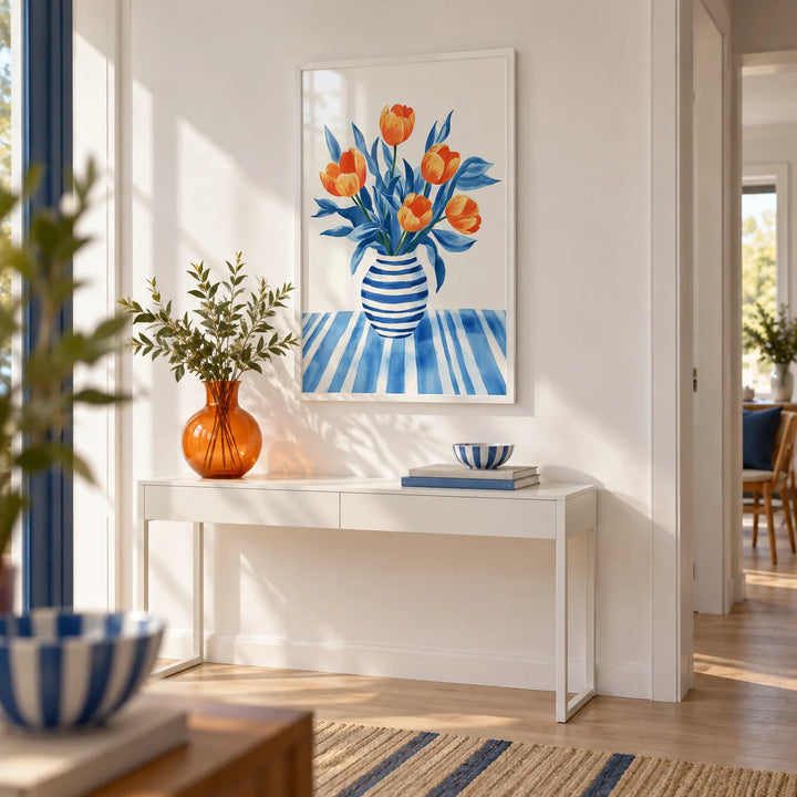 Tulip Wall Art, framed on the wall of a fresh hallway with a white wall and a pale oak floor