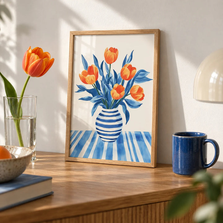 Tulip Wall Art, a small A4 framed print leaning on an oak shelf in a living room