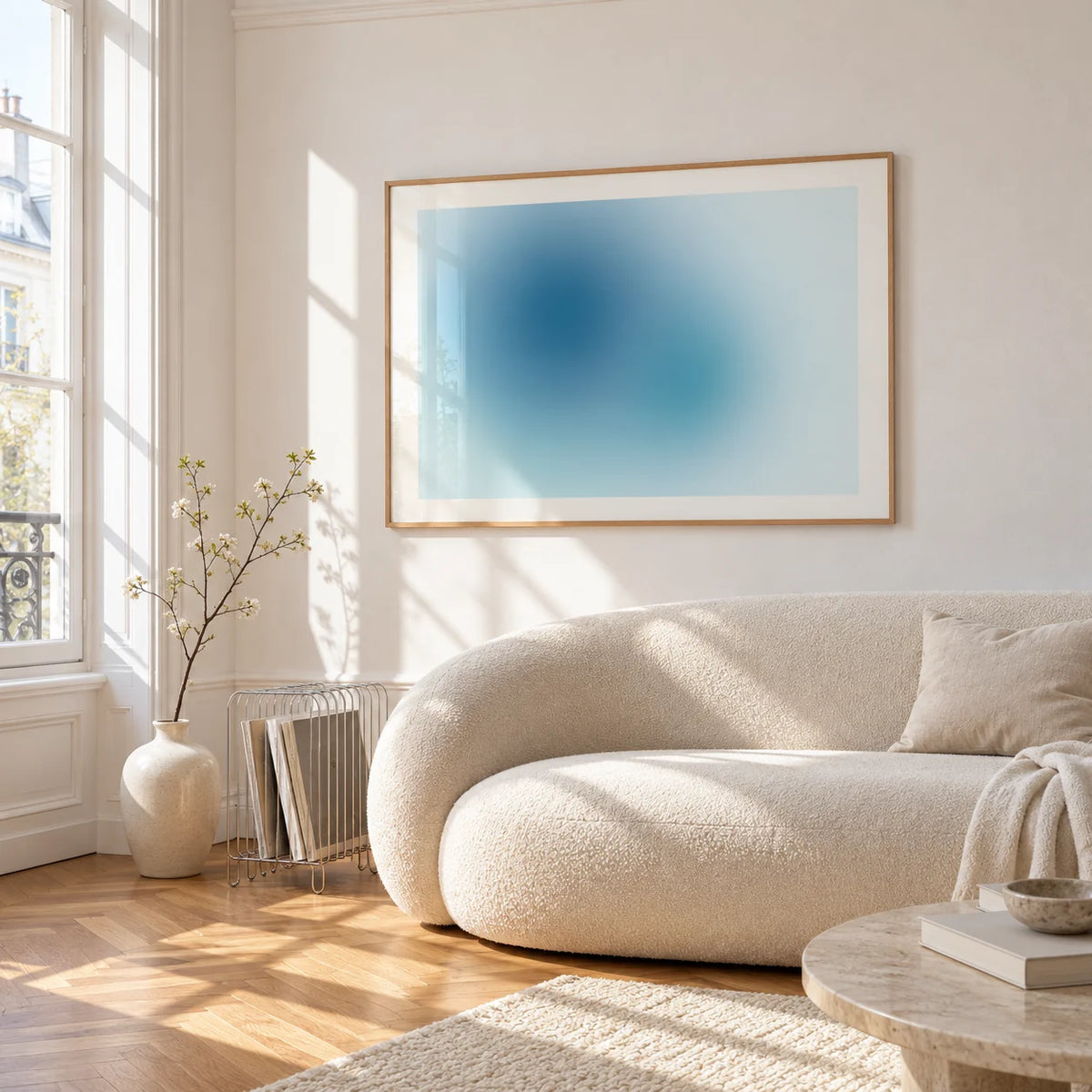Turquoise Wall Art, framed on the wall of a bright living room corner