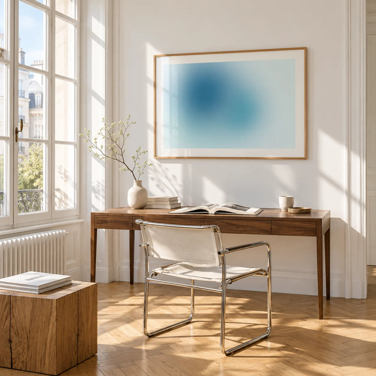 Turquoise Wall Art, framed on the wall of a bright study corner with a tall white paned window